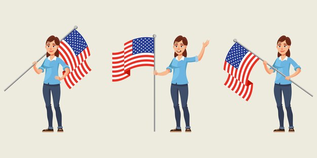 さまざまなポーズのイラストでアメリカの国旗を保持している女性 プレミアムベクター