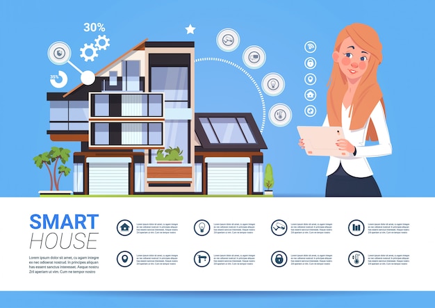 Woman holding digital tablet with smart home management system interface concept Premium Vector