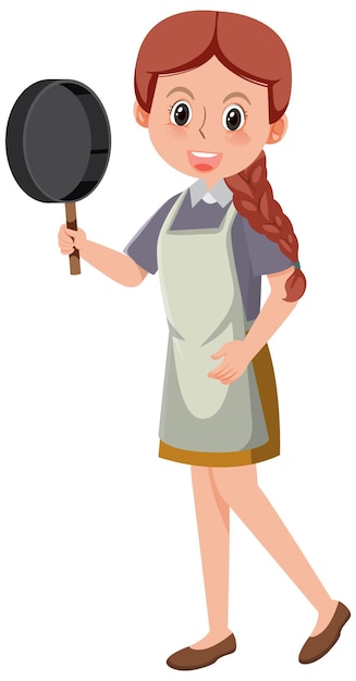 Premium Vector | A woman holding a pan wearing apron cartoon character ...