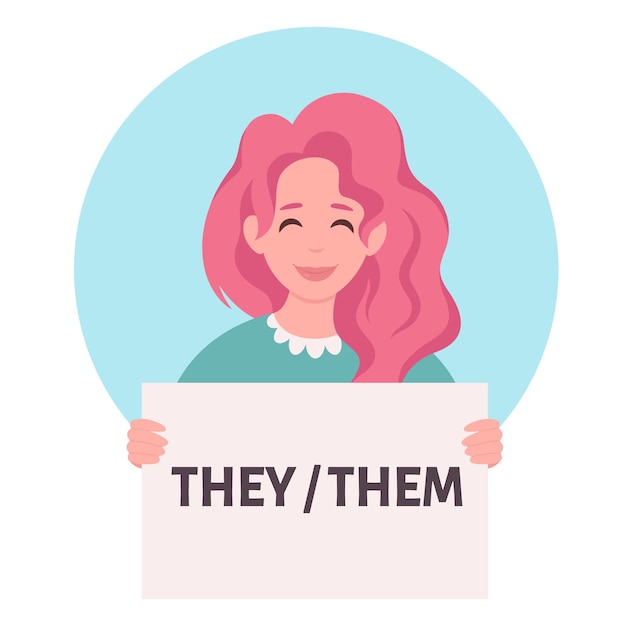 Premium Vector Woman Holding Sign With Gender Pronouns She He They