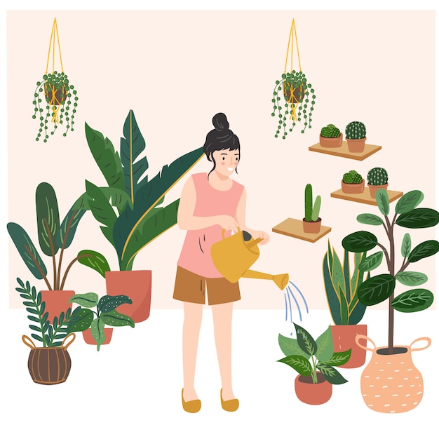 Premium Vector Woman holds a watering can and watering flowers