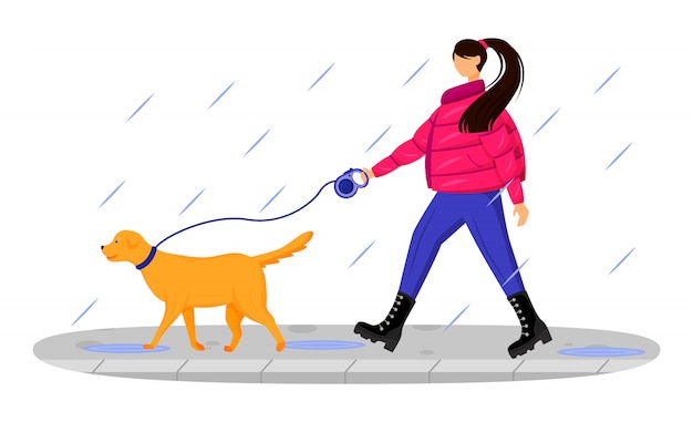コート色の顔のない文字の女性 雨の中で犬を歩く白人女性 雨の日 雨天 白い背景の上のブーツ漫画イラストでスタイリッシュな女性 プレミアムベクター