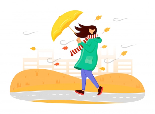緑のレインコートの色の顔のない文字の女性 秋の自然 風の強い天気 傘を持つ女性 白い背景の分離されたスカーフ漫画イラストで白人女性を歩く プレミアムベクター