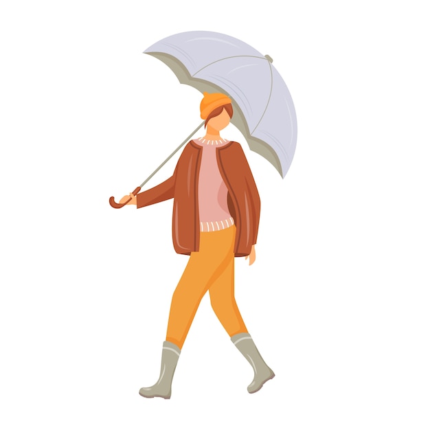 プルオーバーとジャケットのフラットカラーの顔のないキャラクターの女性 ゴム長靴で歩く白人女性 雨天 手に傘を持つ女性白い背景の上の孤立した漫画イラスト プレミアムベクター