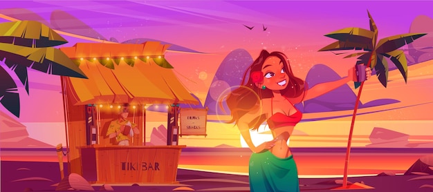 Free Vector Woman Making Selfie Front Of Tiki Hut Bar With Barman On Hawaii Beach 