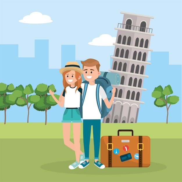 Premium Vector | Woman and man in the leaning tower of pisa