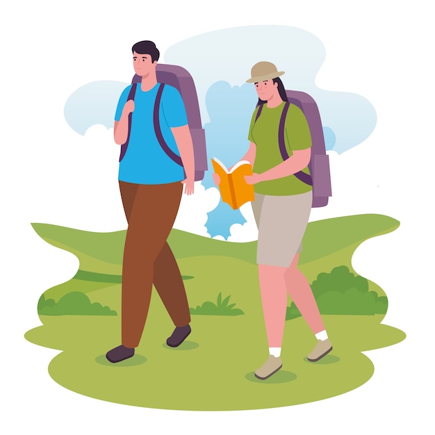 Premium Vector | Woman and man walking with bag and book design, outdoor  activity and season