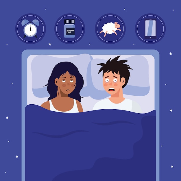 Premium Vector Woman And Man With Insomnia In Bed Design Sleep And Night Theme 
