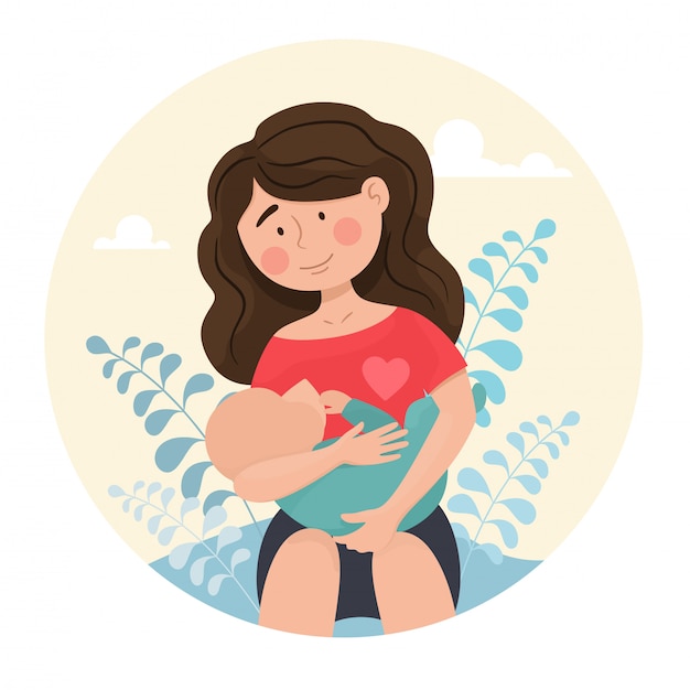 女性のお母さんは赤ちゃんを授乳します 漫画のフラットスタイルのアバター 母の日 プレミアムベクター