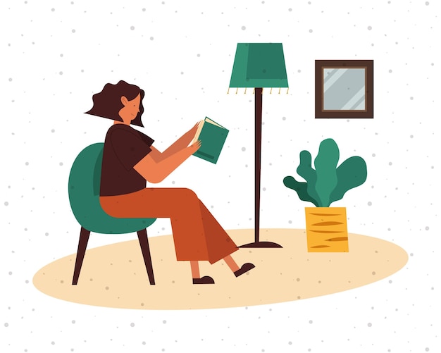自宅で本を読んでいる椅子の上の女性のデザイン 教育文学 テーマイラスト プレミアムベクター