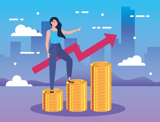 Woman on piles of coins with arrow up infographic Free Vector