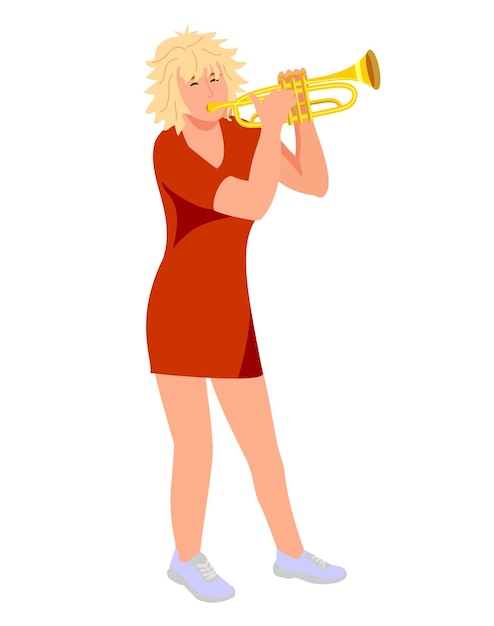 トランペットを演奏する女性トランペットのベクトルキャラクターパフォーマージャズオーケストラで演奏するミュージシャン プレミアムベクター