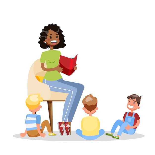 Premium Vector | Woman read book for group of the children. kids listen ...