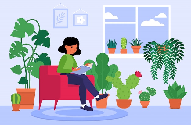 Woman reading book at home among houseplants Free Vector