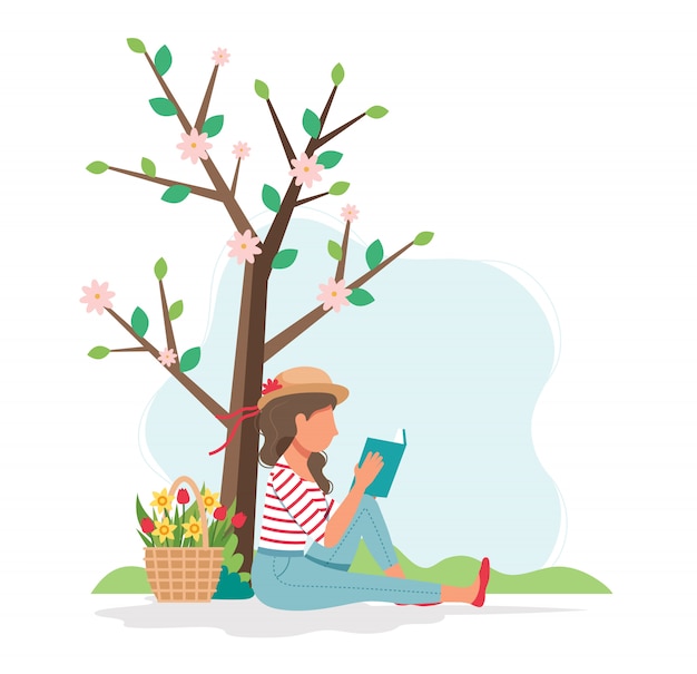 Premium Vector Woman Reading Book Under The Tree In Spring