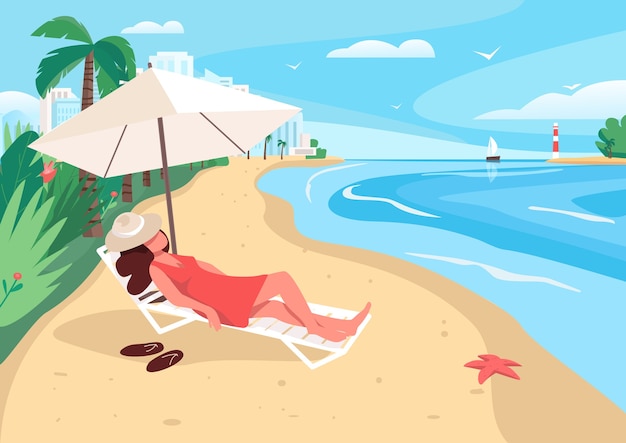 砂浜のフラットカラーイラストでリラックスする女性 夏のレジャー 街の高層ビル 海 熱帯のヤシの木を背景に2d漫画のキャラクターを日光浴する女の子 プレミアムベクター