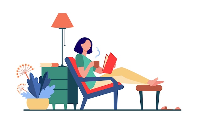 Woman relaxing at home. girl drinking hot tea, reading book in armchair flat vector illustration. leisure, evening, literature Free Vector