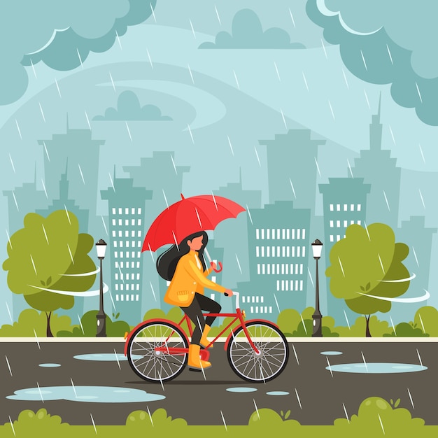 Premium Vector | Woman riding a bike under an umbrella