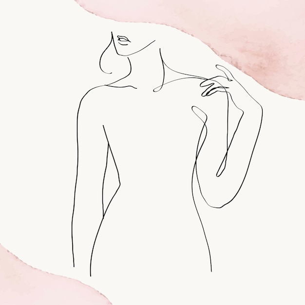 Woman&rsquo;s upper body vector line art illustration on pink pastel watercolor background Free Vector