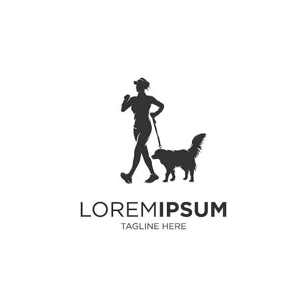 犬のシルエットのロゴで走っている女性 プレミアムベクター