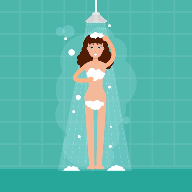 浴室の女性シャワー フラットスタイルのベクトルキャライラスト プレミアムベクター