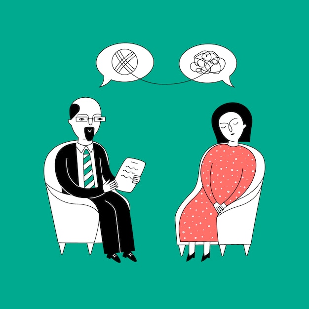 Premium Vector | A woman sits in a chair at a psychologist's appointment.