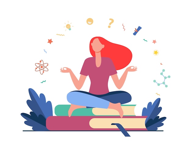 Download Free Vector | Woman sitting and meditating on pile of books. student, study, learning flat ...