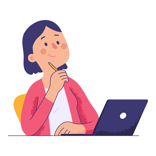Woman sitting at the office desk holding a pen while thinking Premium Vector