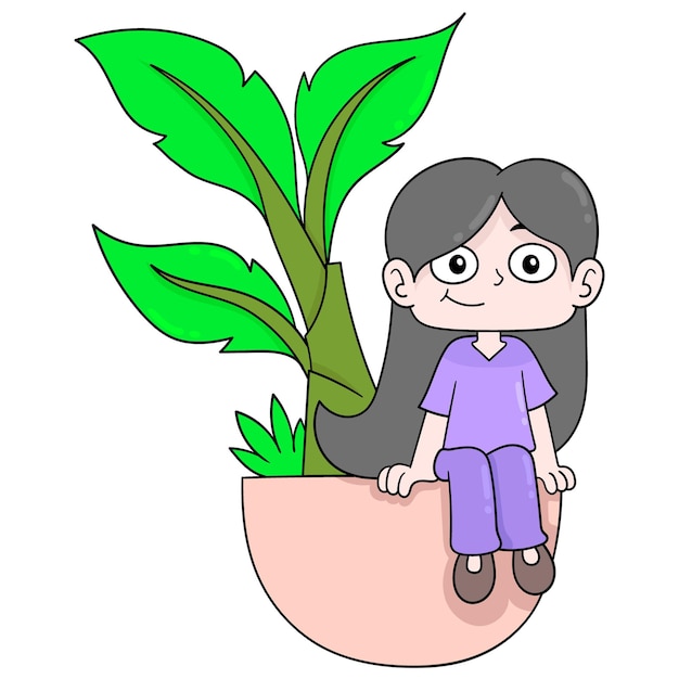 春を迎えるバナナの木の鉢植えの植物に座っている女性 ベクトルイラストアート 落書きアイコン画像カワイイ プレミアムベクター