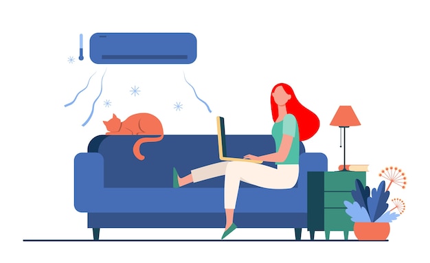 Woman sitting on sofa with cat and laptop under air conditioner. girl, cooling, couch flat vector illustration. home and freelance Free Vector