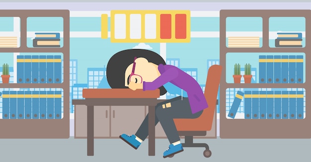 Woman Sleeping At Workplace Vector Illustration Vector Premium