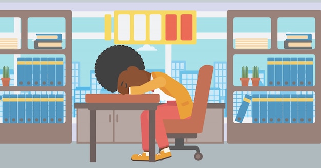 Woman Sleeping At Workplace Vector Illustration Vector Premium