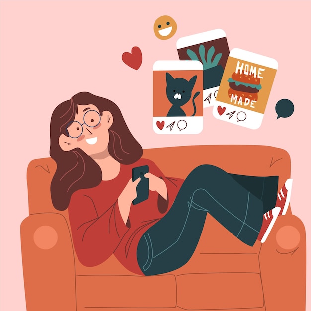 Woman on sofa sharing content on social media | Free Vector