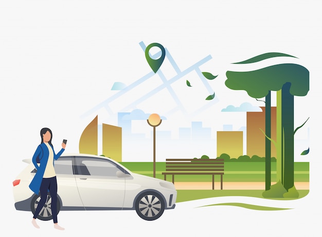 Woman standing by car with city park and pointer on map Free Vector