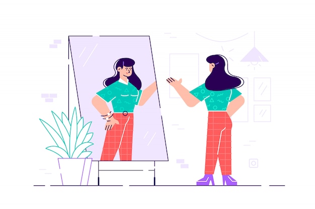 Premium Vector | Woman standing and looking in mirror. flat style ...