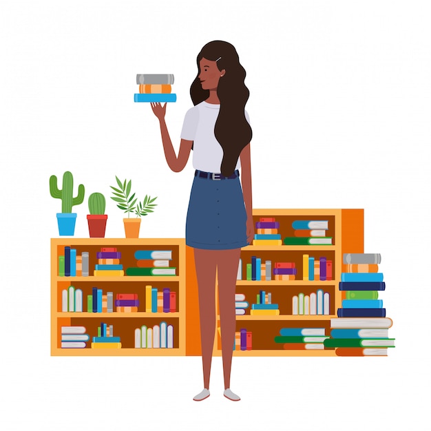 Premium Vector | Woman standing with bookshelf of wooden and books