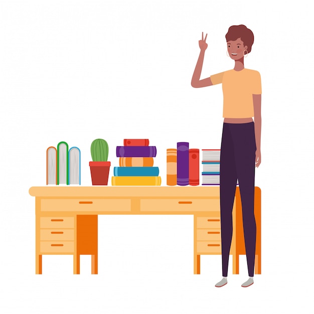 Premium Vector | Woman standing with bookshelf of wooden and books