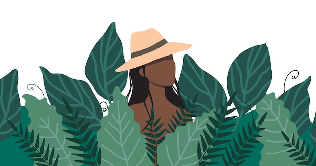 Premium Vector A Woman In A Straw Hat Stands In A Thicket Of Tall Grass