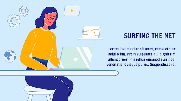 Premium Vector Woman Surfing Net Web Banner Layout With Copyspace