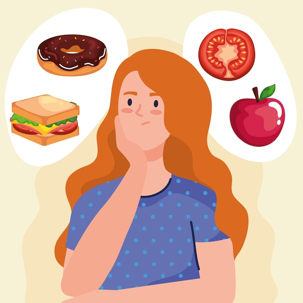 Premium Vector | Woman thinking about fast food design, unhealthy eat ...