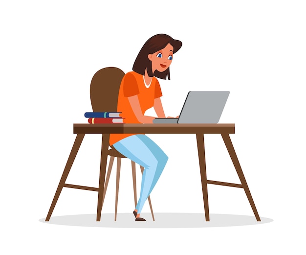 ノートパソコンのイラストを使用している女性 机に座っている女の子 フリーランサーの漫画のキャラクター コンピューターのクリップアートで働く女性 プレミアムベクター