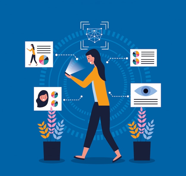 Woman using mobile scan face eye Free Vector