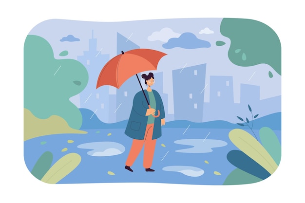 傘フラットイラストで雨の中を歩く女性 街で秋の季節と雨の天気を楽しんでいる女の子 無料のベクター