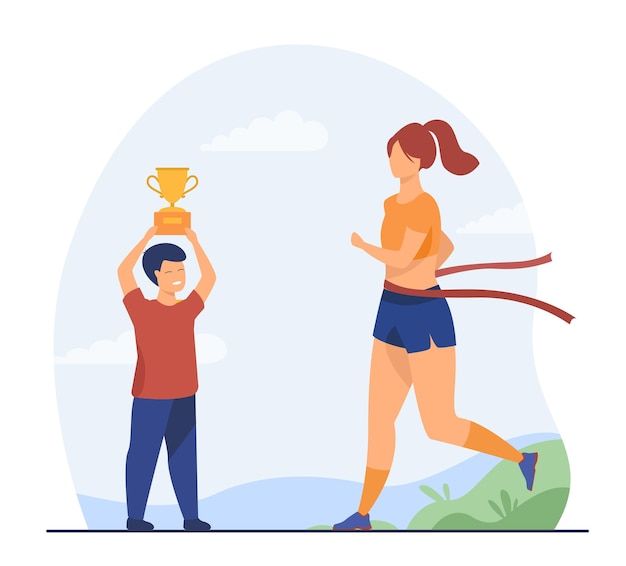 ランニングレースで優勝した女性とカップを持った少年 ゴールド ジョギング アスリートフラットイラスト 漫画イラスト 無料のベクター