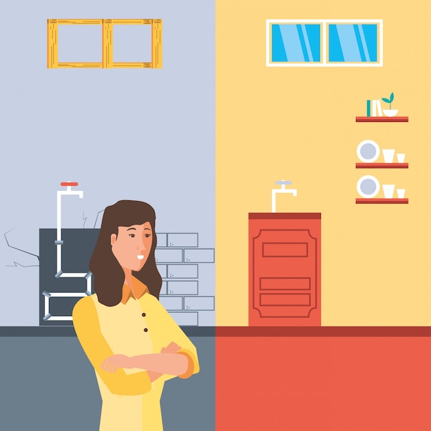 Woman with before and after home under construction Premium Vector