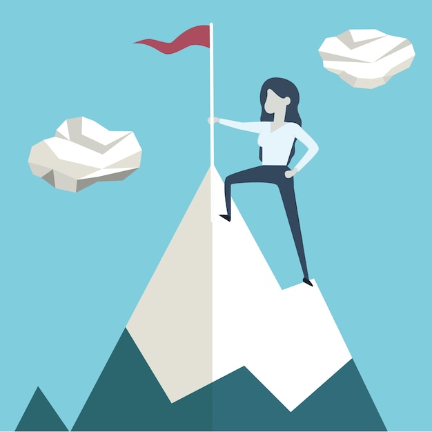 Premium Vector | Woman with flag on a mountain peak