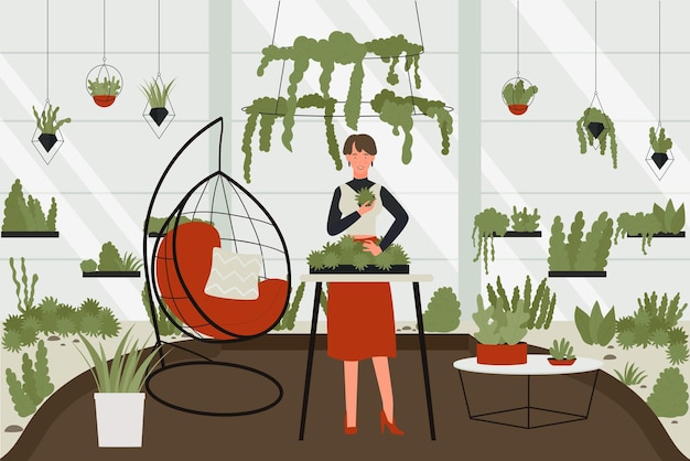 温室の趣味のベクトル図を持つ女性 漫画の若い女性キャラクターは緑の植物 インテリアアパートの家の庭のポットで観葉植物を育てる狂気の植物の女性の世話をします プレミアムベクター