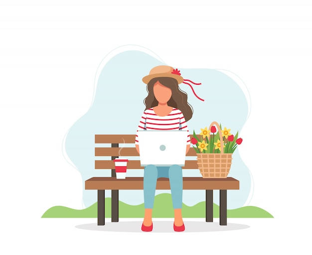 Woman with laptop sitting on the bench and spring flowers in basket. Premium Vector