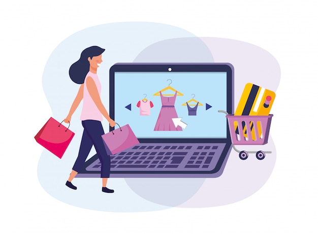 Premium Vector | Woman with shopping bags and laptop ecommerce