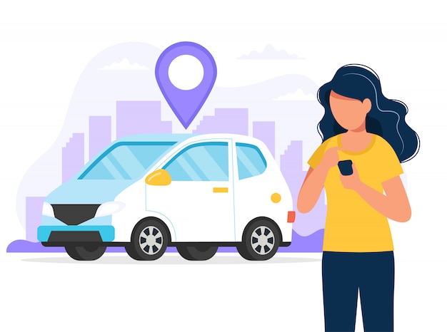 Woman with smartphone with an app to find a car location. car rental service via mobile app. Premium Vector